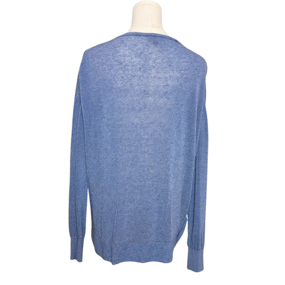 J Crew Women's Blue Deep V Neck Linen Button Hem Long Sleeve Sweater Large - Picture 5 of 9